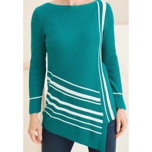 Chico's Striped Asymmetrical Hem Tunic Pullover Sweater Jade 3 P = XL P NWT
